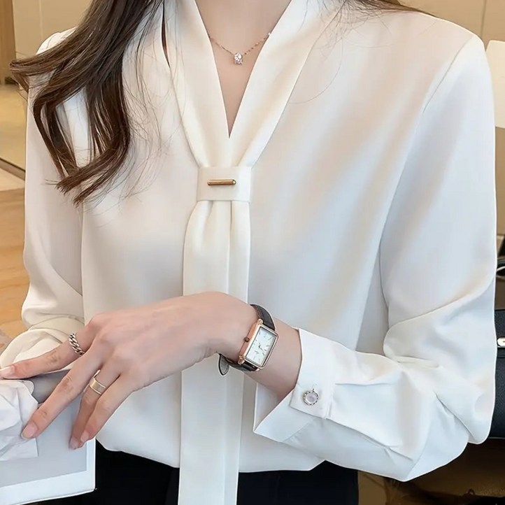 유니돈나 우아한 봄 가을 타이넥 쉬폰블라우스