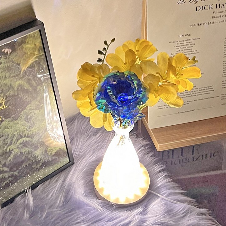 프리지아 홀로그램 장미 원목 꽃 무드등 감성 집들이 생일 개업 선물 플랜테리어 카페인테리어 생일 자취 USB형 블루로즈 블루장미, 블루
