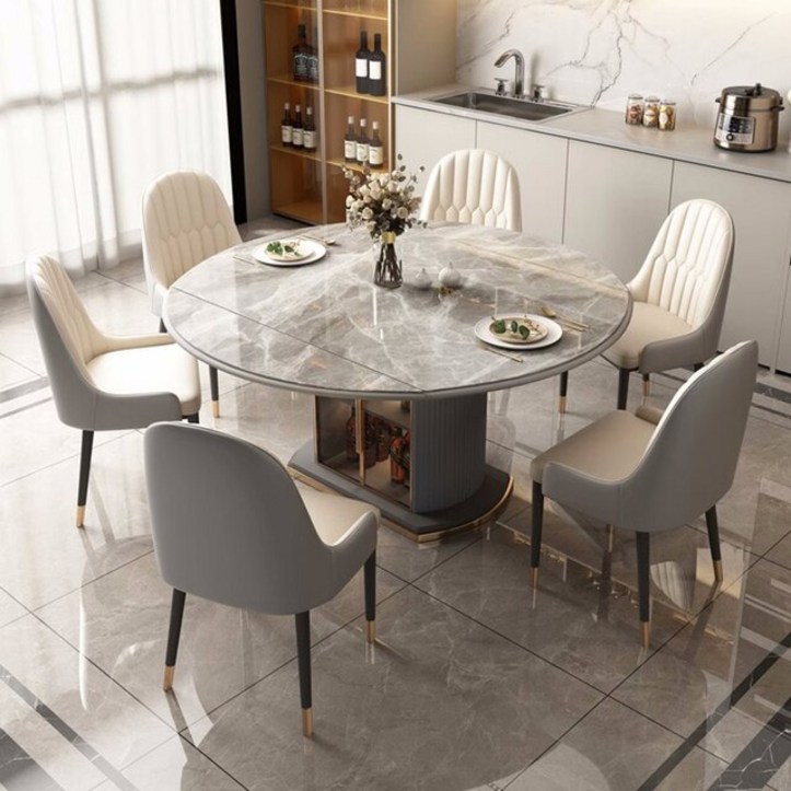 세라믹상판 8인용 확장형 4인용 원형 식탁 밝은 마일드 락 보드 턴테이블 다기능 가정용 고급 테이블 및 의자 조합 가구, 6.135m and 6 chair