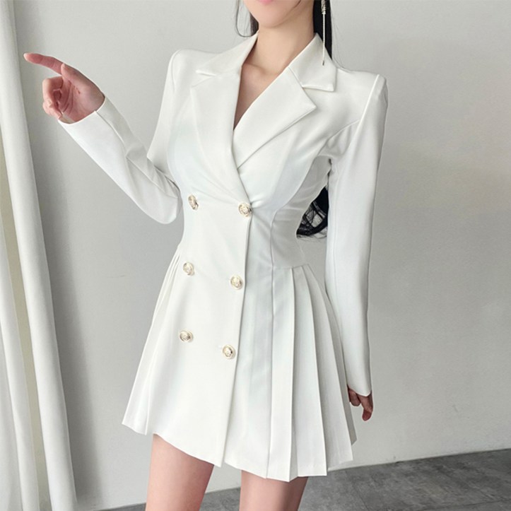 라핏 플리츠 더블버튼 자켓 원피스 아이보리,블랙