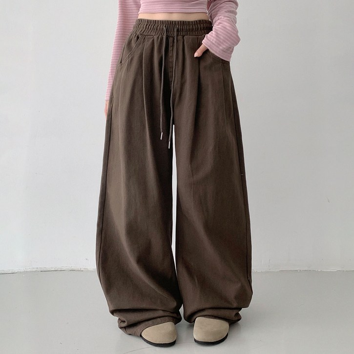 플랜데이 여성용 숏미디움롱 기장 자드 핀턱 밴딩 팬츠