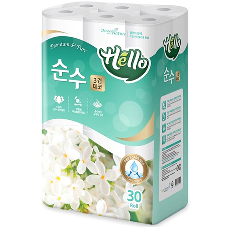 헬로 순수 3겹 도톰한 고급롤화장지 30m, 30롤, 1팩