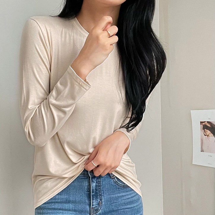 마이시즌 여성용 라운드 레이온 긴팔 티셔츠