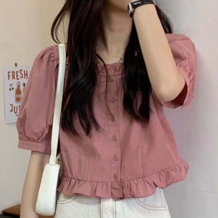 더플로우커머스 여성용 러블리 퍼프 소매 크롭 프릴 블라우스