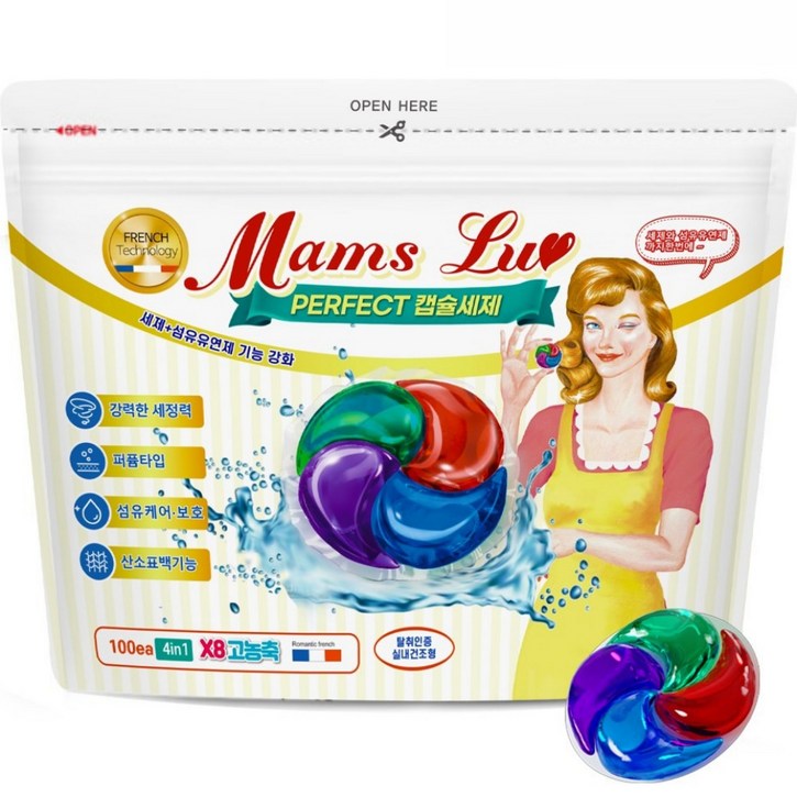 맘스럽 퍼팩트 캡슐세제 4챔버 파우치형 국산제조 8배 초고농축 4in1 대용량 실내건조, 1개, 100개입