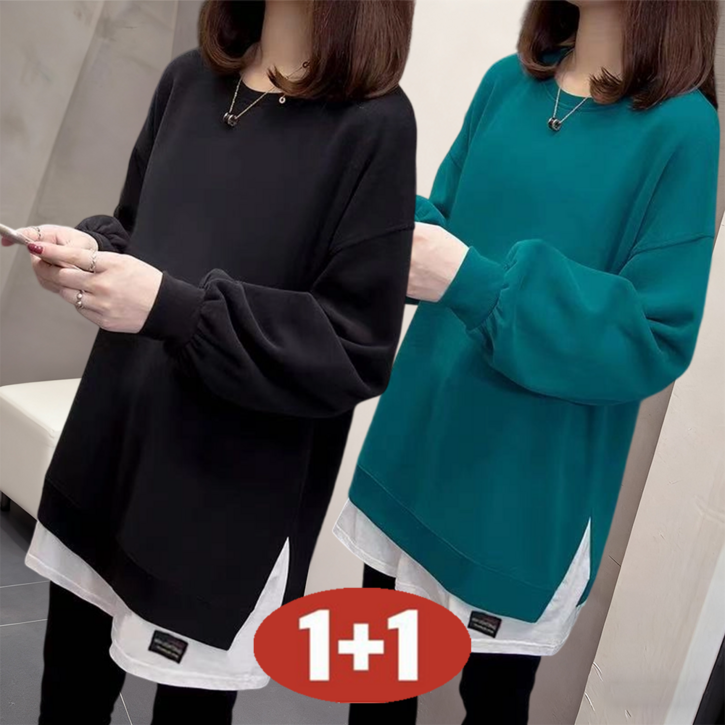 오스틱니 110kg까지 빅사이즈 11 날씬해보이는 라운드 레이어드 맨투맨 여성 봄 가을 편한 무지 트임 심플 루즈핏 이너 bf 롱티셔츠 롱티 긴팔티 간절기 맨투맨티 데일리 풀오버