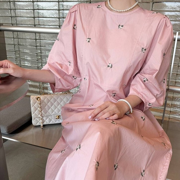 플라워 꽃자수 퍼프 소매 롱 원피스