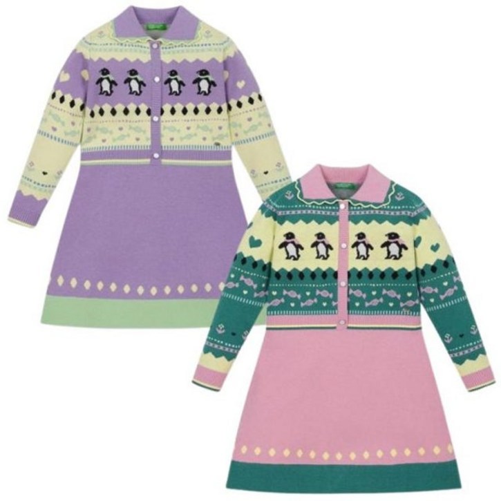 베네통키즈 여아 펭귄 자카드 니트 원피스 QAOP29461