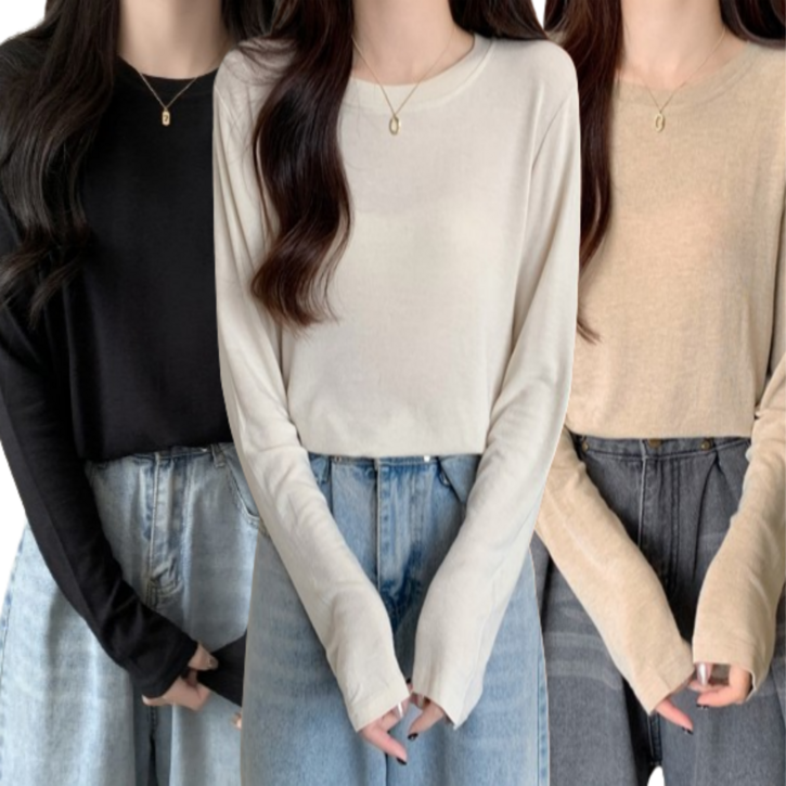 옐로우 피치 베이직 라운드 긴팔 티셔츠 총3p (1+1+1)