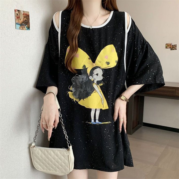 ORZQU 여름 여성 루즈핏 펀칭 반팔 상의 데일리 캐주얼 빅사이즈 프린트 티셔츠