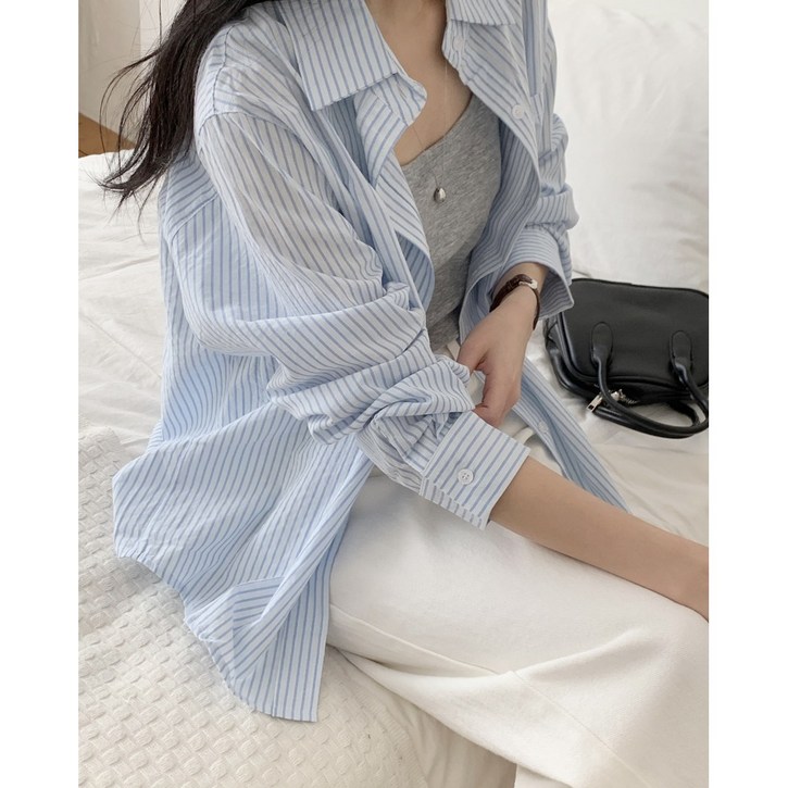 S2XL사이즈데일리 여성 스트라이프 셔츠 긴팔 남방 카라셔츠 빅사이즈 루즈핏 오버핏 간절기