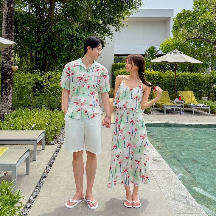 4477 피지 무드 휴양지 커플룩 신혼여행 여성 여름 바캉스 롱원피스 허니문 하와이안 비치룩 시밀러룩 반팔셔츠 세트 휴가 여행용 베트남 해변옷