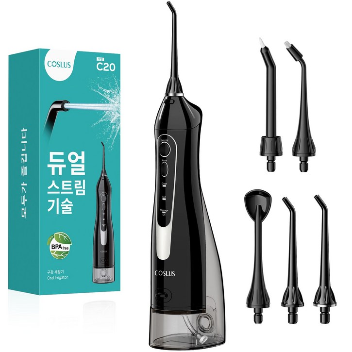 코슬루스 휴대용 무선 구강세정기 물치실 IPX7급방수+5개노즐팁, 블랙
