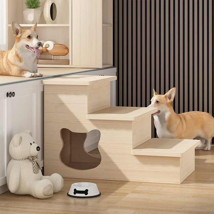 애완동물 강아지 고양이 숨숨집 계단 침대 옆 사다리 미끄럼 방지 슬라이드 2단 3단 4단, 3단 계단 집형 목재