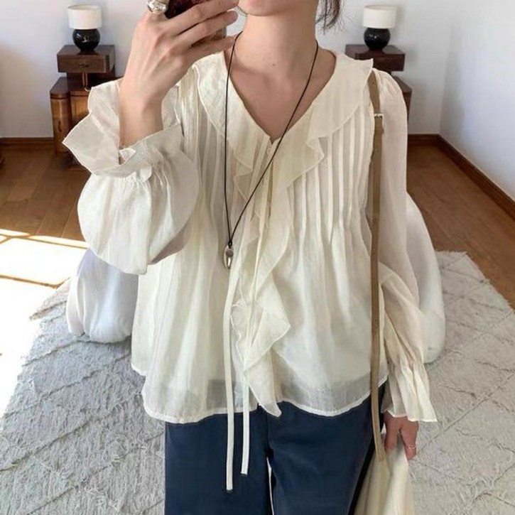 핏몬 여성 브이넥 프릴 로맨틱 쉬폰 봄 여름 블라우스