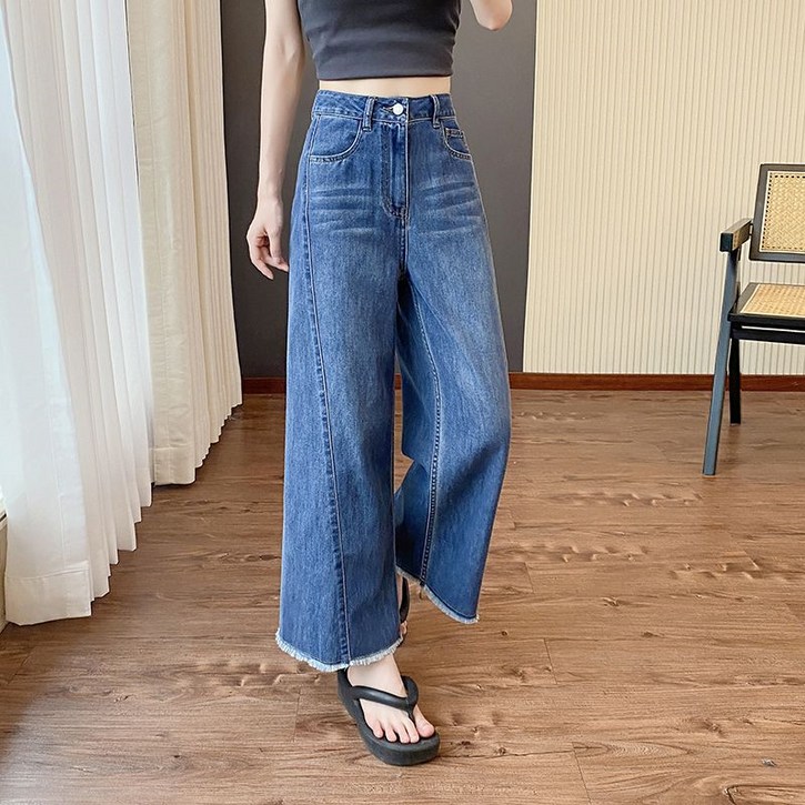 AOKADA 여성 와이드 데님 팬츠 9부 절개라인 키작녀 통 청바지