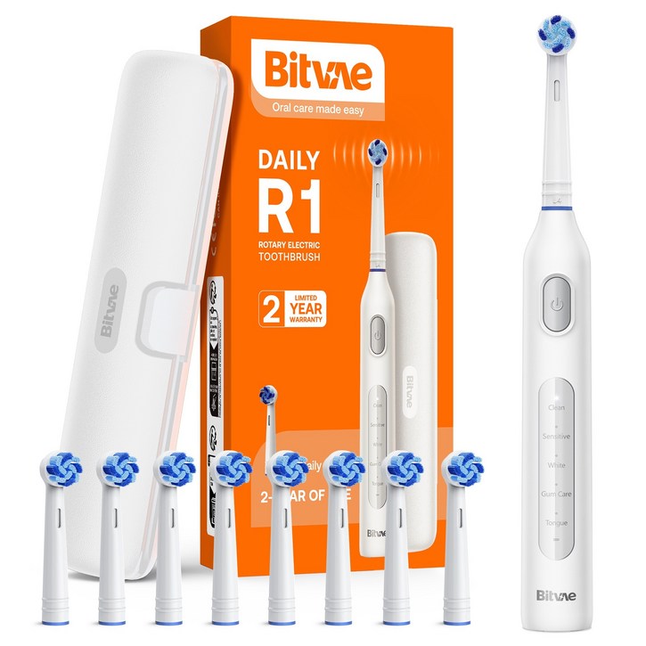 비트베이 R1 회전형 전동칫솔 진동칫솔 칫솔모 Bitvae Amazon베스트, 1개, 화이트, R1