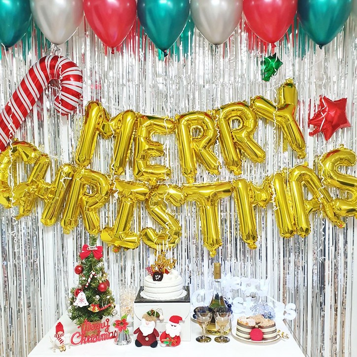 크리스마스 파티 커튼 세트 성탄절 장식 행사 꾸미기, 펄풍선크리스마스이니셜레드그린커튼골드