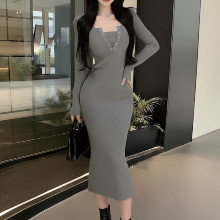 유니크코코 슬림 골지 니트 긴팔 롱 원피스 op5785