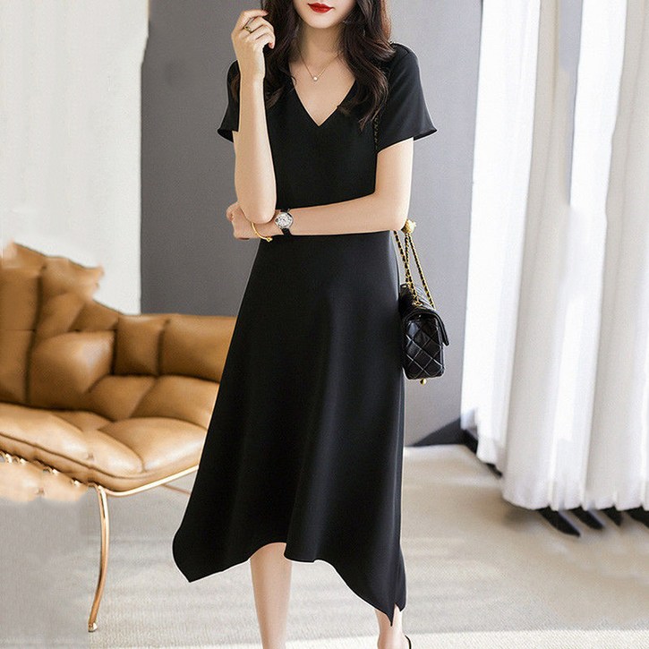 삼제태전 여름 여성 캐주얼 솔리드 브이넥 허리조임 미디 원피스 언밸런스 반팔 스커트 하객룩