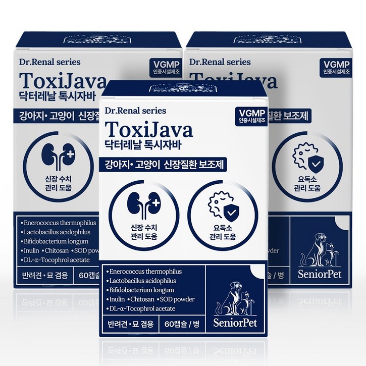 시니어펫 톡시자바 동물병원 신장질환 2기 9000억 유산균 60캡슐, 60정, 유리너리+장건강, 3개