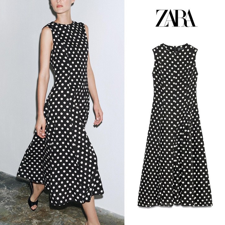 자라 여성 원피스 민소매 폴카 도트 미디 ZW컬렉션 리넨혼방 A라인 드레스