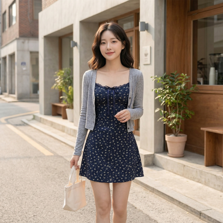 ANYOU 잔꽃 나시 원피스  니트 얇은 가디건 여름 세트 여성 데이트룩