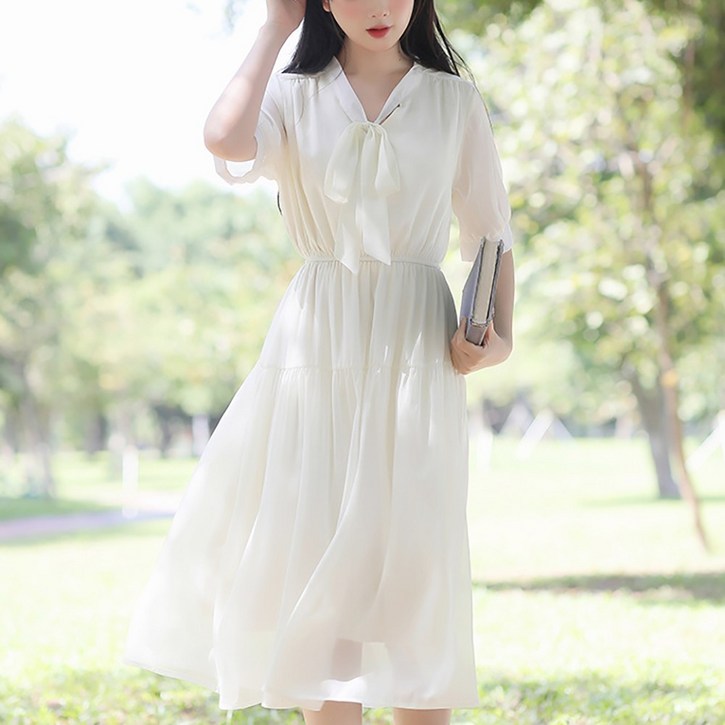 IWMAFT 여성 여름 쉬폰 롱 원피스 반팔 리본 브이넥 밴딩 허리 셔링 가벼운 휴양지 무드 KT478