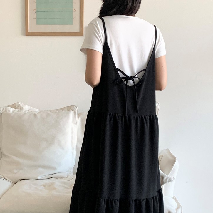 더한땀 빅사이즈 뒷리본 캉캉 레이어드 나시 롱 원피스