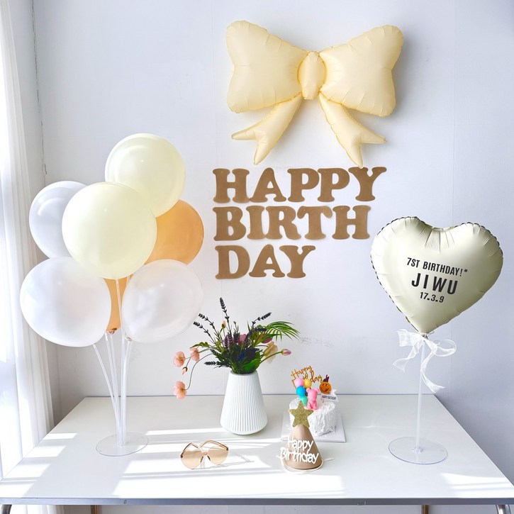 프렌치로즈 4컬러(레터링스티커) 생일 파티 용품 풍선 선글라스+모자 풀구성세트, 크림베이지, 1세트