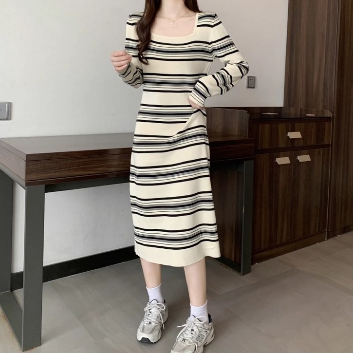 COSYEVNO 여성 니트 원피스 가을 라운드 패션 스트라이프 배색 긴팔 미디스커트 lyjlyq-4