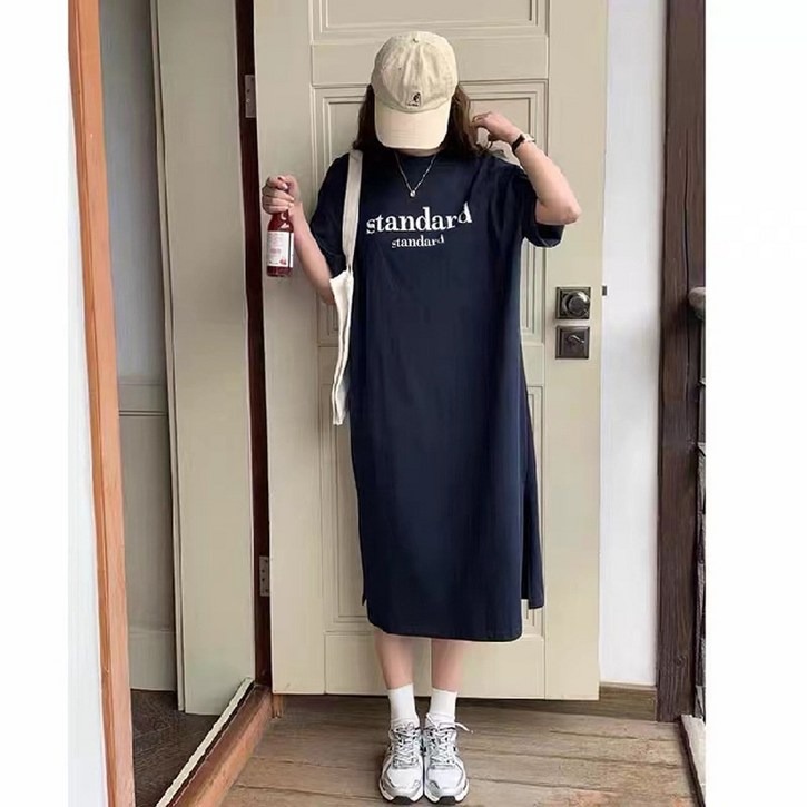 2022년 캐주얼 반팔 여 빈티지 캐릭터 티셔츠 상의 여름 루즈핏 미디 무릎 덮개 원피스