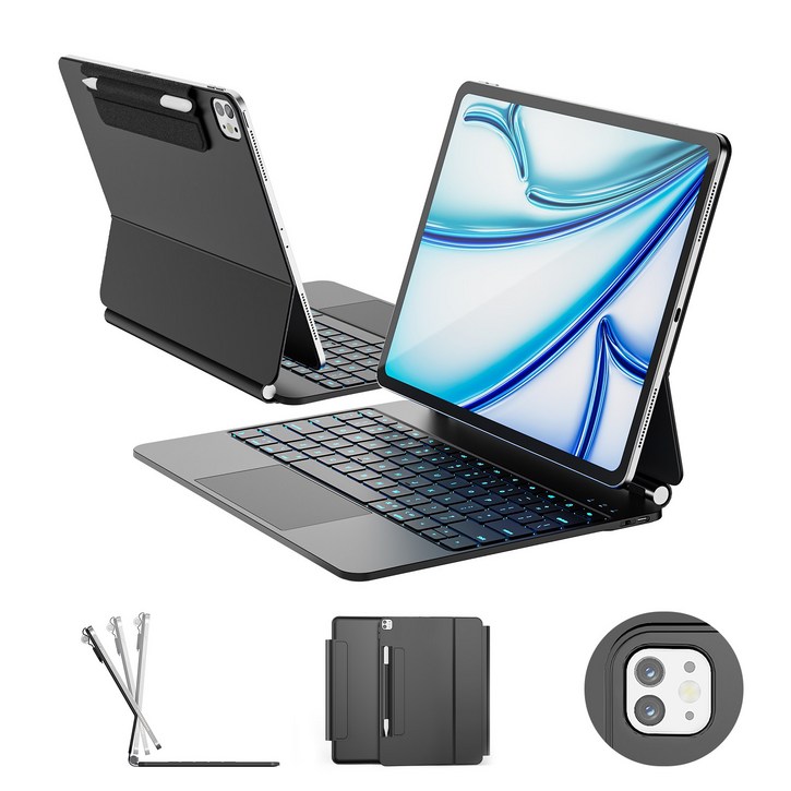 한국형 매직 키보드, 아이패드 에어 13 (M3/M2), 아이패드 프로 12.9 (6/5/4/3세대), 11색 백라이트 키+트랙패드, 방오염 가죽, 블랙, 1개