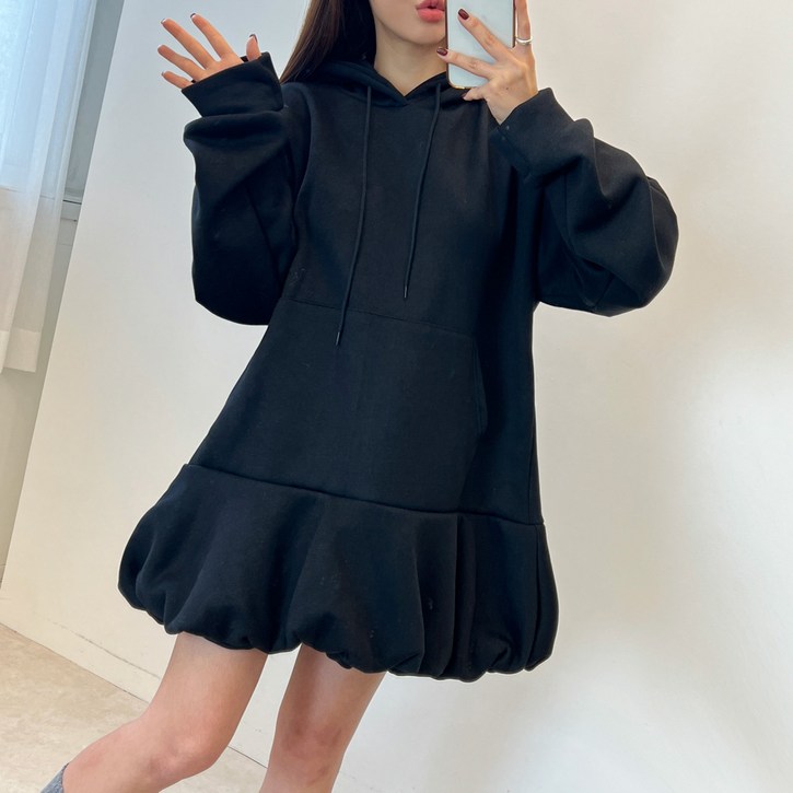 기모 호박 벌룬 캐주얼 캥거루 포켓 후드 미니 원피스 2color