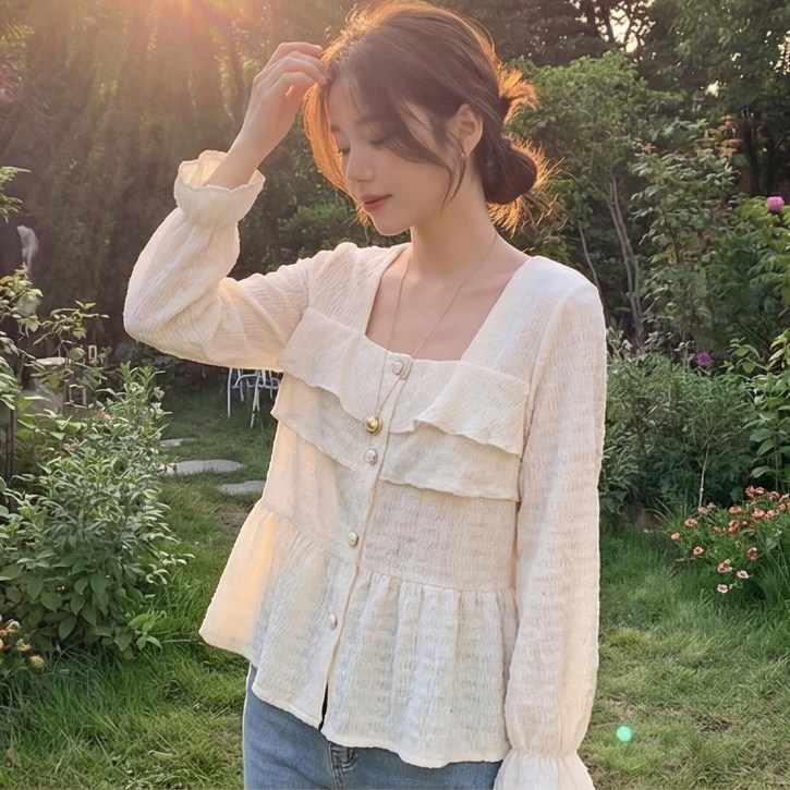 B178-1 란티슈 빅사이즈 여성 프릴 스퀘어넥 블라우스 봄가을용