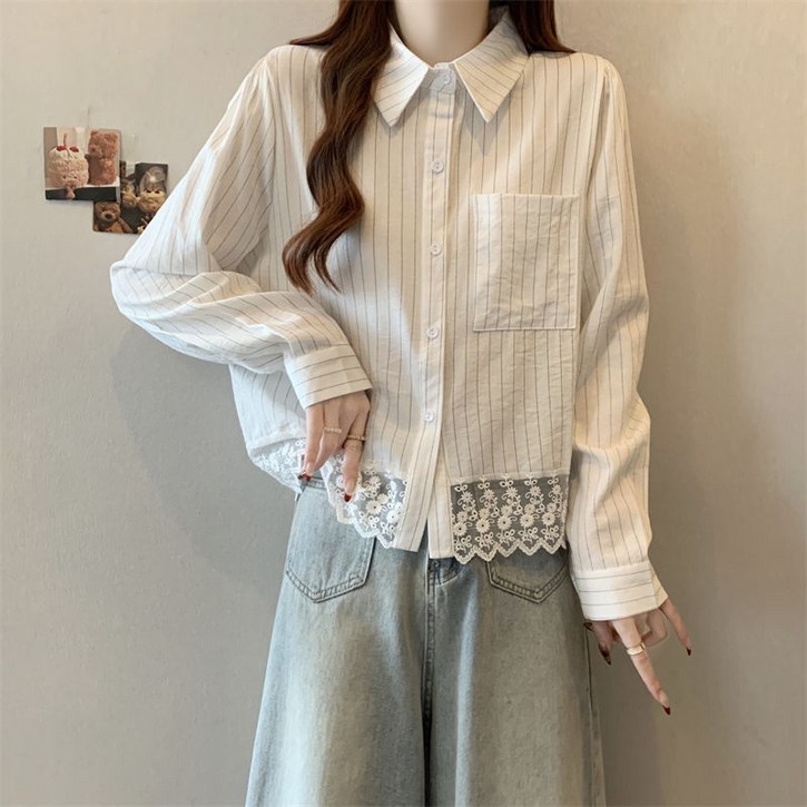 COSYEVNO 여성 블라우스 가을 브이넥 레이스 패치 패션 스트라이프 루즈핏 긴팔 상의 lyjcxtx-26