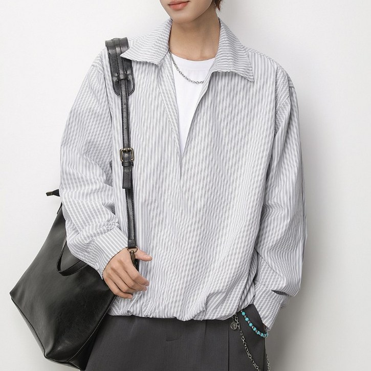 쁘띠꼬모 남성 스트라이프 오버핏 밑단밴딩 셔츠 데일리 캐주얼 WTT121801