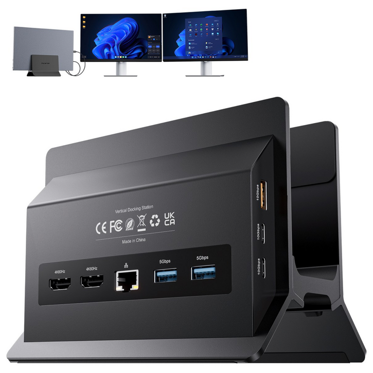 PULWTOP 11-in-1 수직형 노트북 도킹 스테이션 (Windows 노트북용) 듀얼 4K HDMI, 10Gbps USB-A/C, 기가비트 이더넷, SD/TF 포함, Black, 1개
