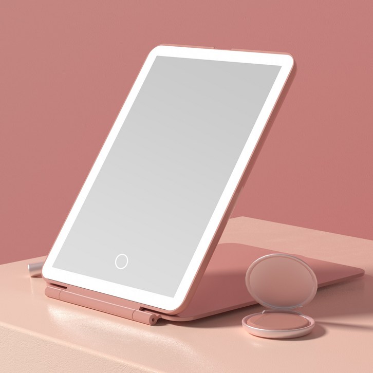 FENCHILIN 작은 거울 LED 거울 화장경을 휴대하기 편리하다 접는 거울 핑크흰색 13cm x 18cm, 핑크