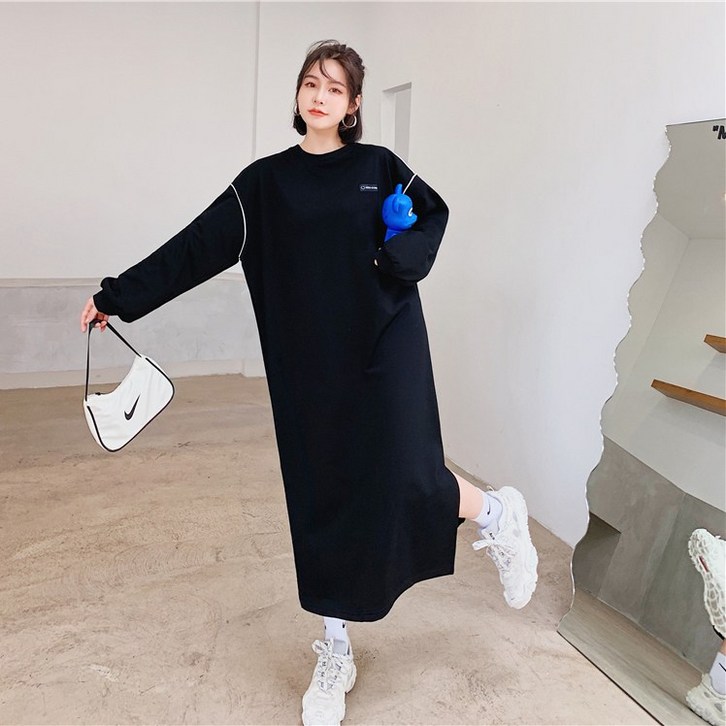 반팔 쉬폰 배색 빅사이즈 롱 원피스