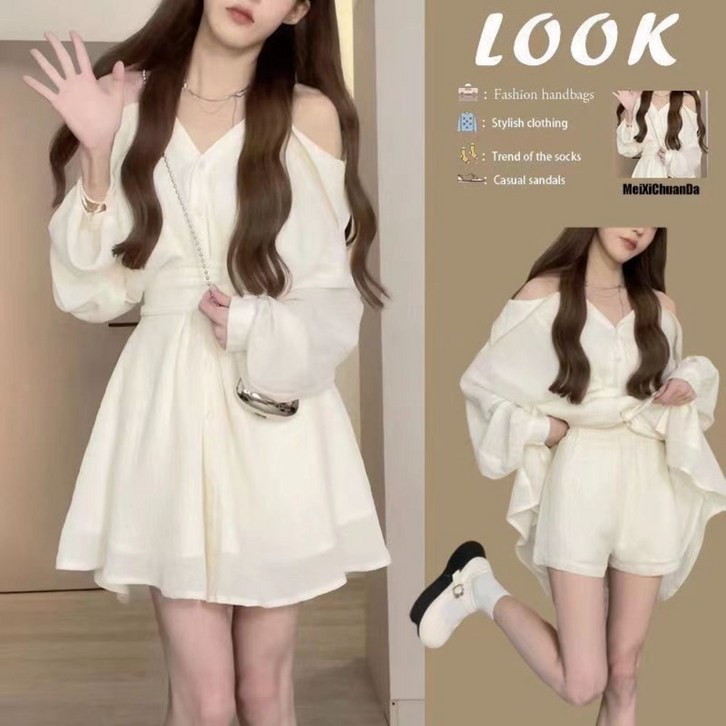 루나모드 오프숄더 디자인 여름용 블라우스  숏팬츠 내장 원피스 세트K0064