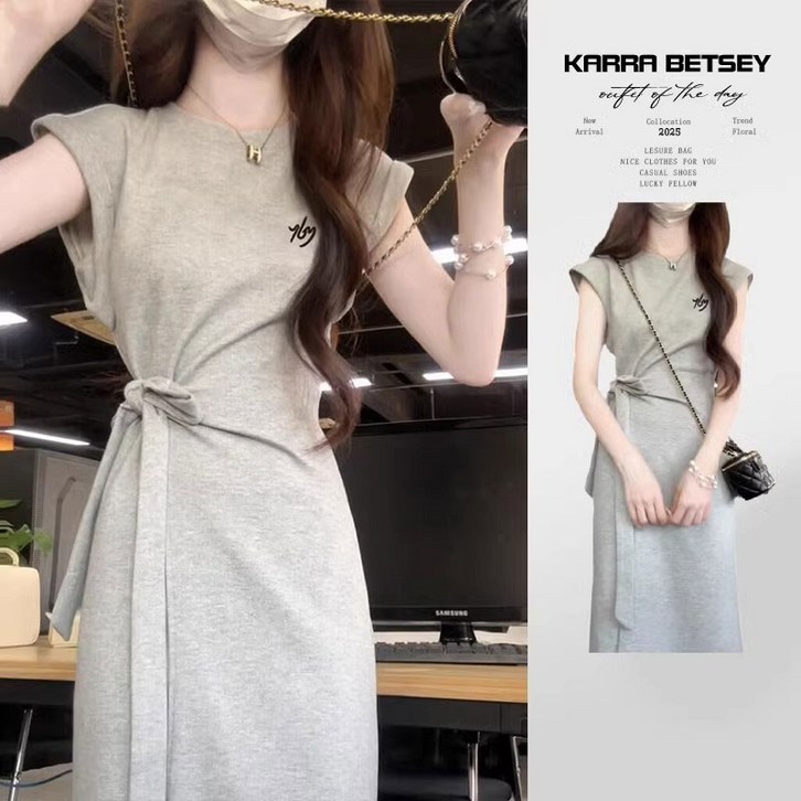 Novastar 여성  롱 원피스 허리밴딩 데일리 캐주얼 그레이 원피스