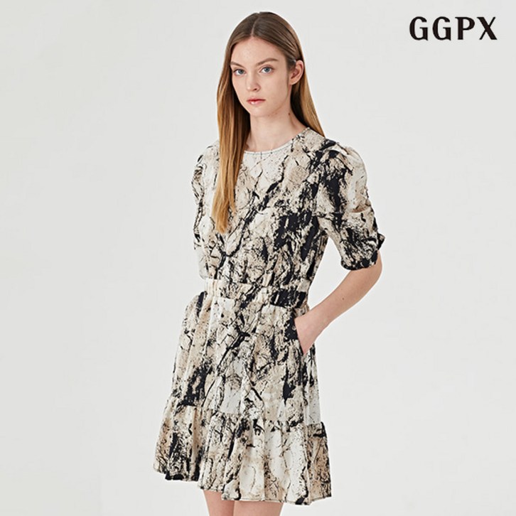 GGPX 나염 투포켓 소매 셔링 캉캉 하프 원피스 GOBOW038D