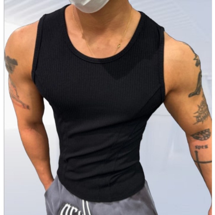 더블 웨이브 컷팅 머슬 골지 남자 나시 민소매 헬스 짐웨어