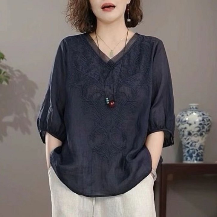 여성용 텐셀 리넨 V넥 반팔 상의, 루즈한 플러스 사이즈