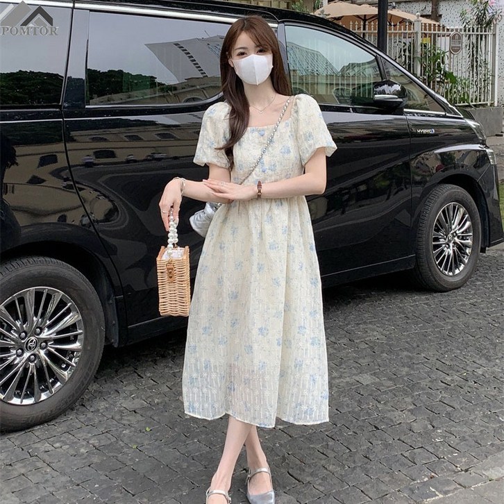 POMTOR 여름 롱원피스 반팔 플라워 퍼프  러블리 원피스