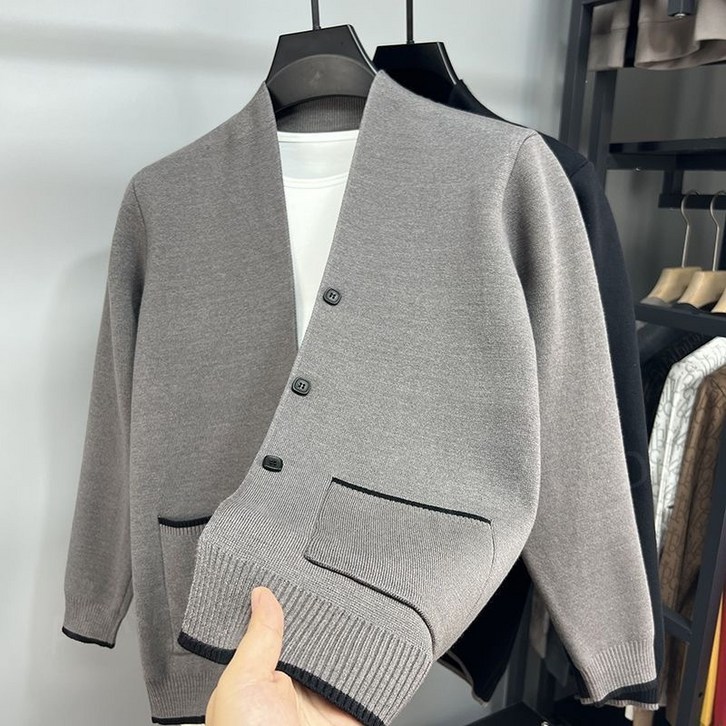 AOKADA 남성 봄 가을 루즈핏 브이넥 니트 가디건 심플 얇은 가디건 데일리룩