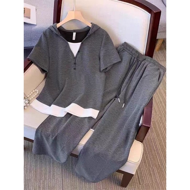 여성 여름 배색 후드 반팔 트레이닝 세트 루즈핏 와이드 운동바지 상하복