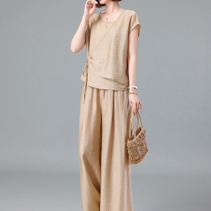 IWMAFT 여성 여름 민소매 블라우스 와이드 팬츠 투피스 세트 루즈핏 가벼운 소재 편안한 데일리 SQ278