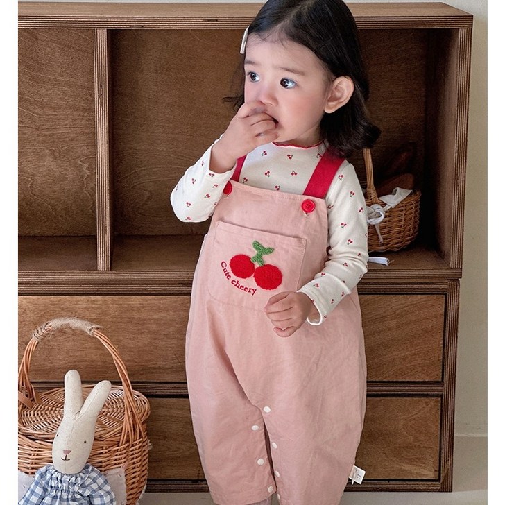 유아동 베이비 핑크체리 멜빵슈트 세트 아기 유아 외출복 여아 바디슈트 봄 가을 긴팔 백일 돌 촬영의상